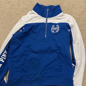 PINK Victoria's Secret Blue and White Zip Quarter Zip Pullover L